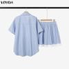VONDA Two Piece Suit Women Short Sleeve Lapel Neck Tops and Pleated Mini Skirts Sets