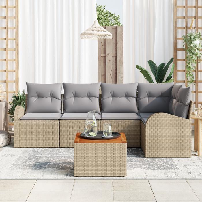 Ensemble de canapé de jardin vidaXL 6 pièces avec coussins Beige Poly Rattan Acacia, Canapé de jardin 2 places vidaXL 3356250