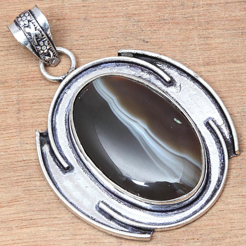 Pendant Gray Botswana Agate Gemstone Valentine'Day Gift Silver Jewelry 2.5"