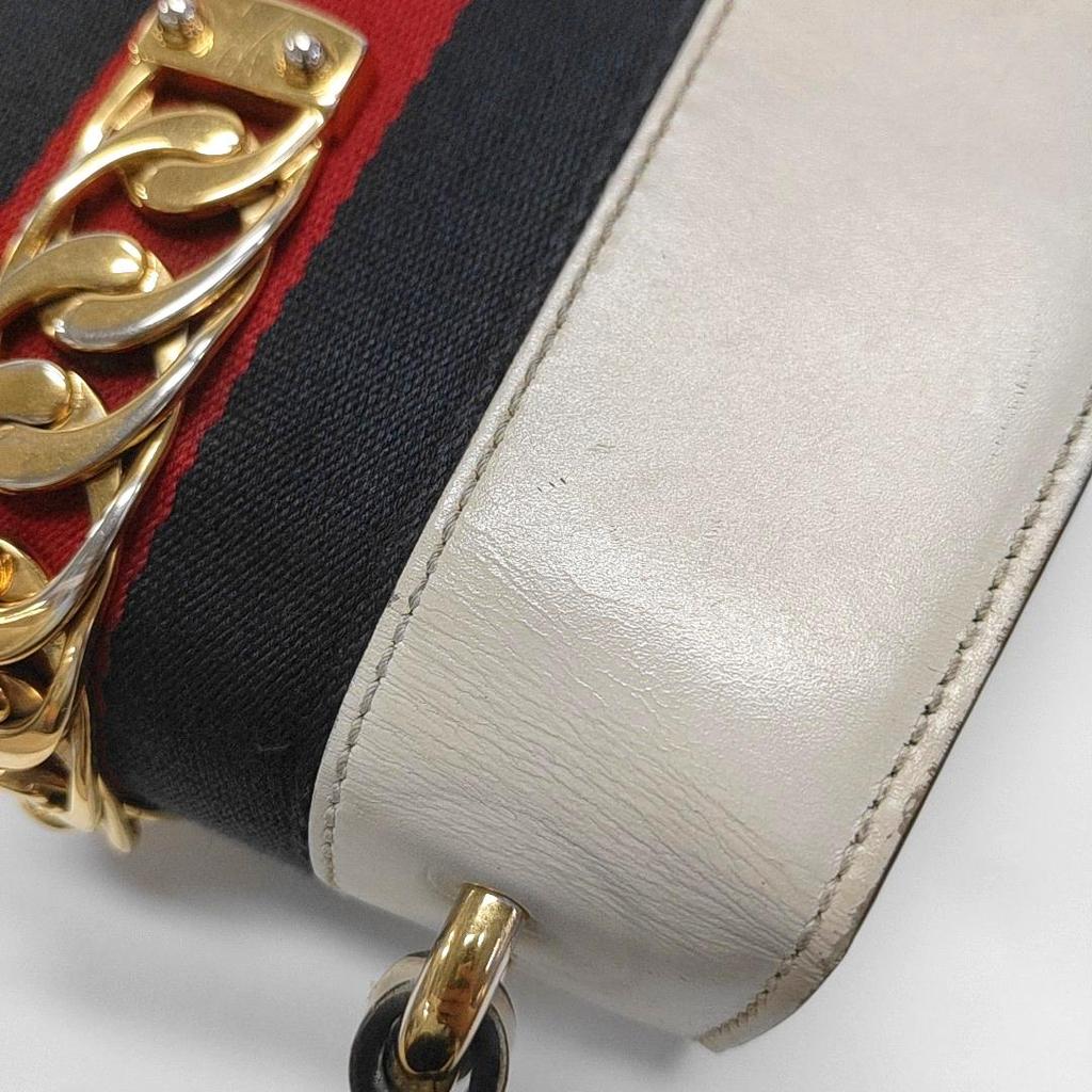 [Pre-Owned] Sylvie Gold Buckle Striped Web Leather Mini Tote Shoulder Crossbody Bag - Fair #BZGZ9L