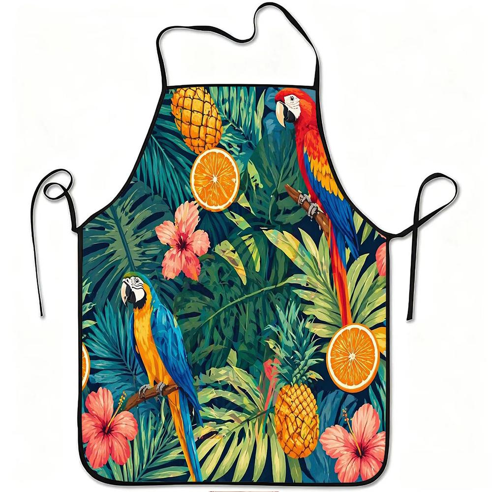 1pc Tropical Parrot Pineapple Orange Hibiscus Leaf Print Apron, Durable And Easy To Clean, Adjustable Waistband, Polyester Material, for Kitchen Cooki