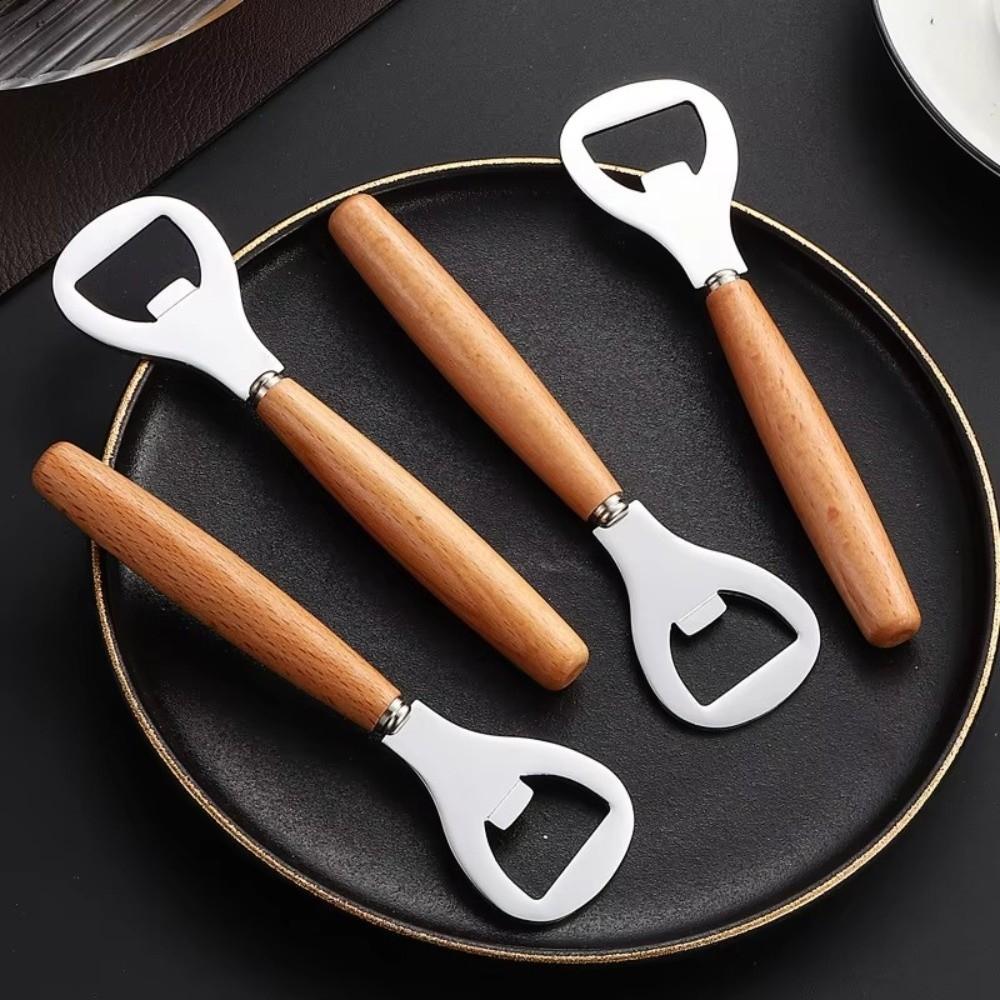 Portable Wooden Handle Stainless Steel Handheld Beer Bottle Opener Wine Opener Bar