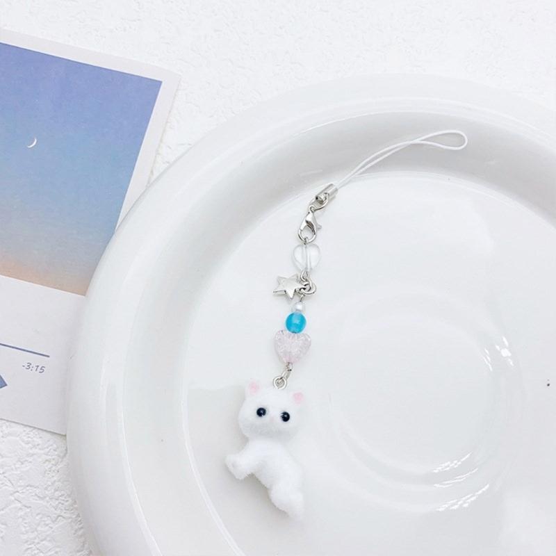 Sweet Phone Chain Strap Lanyard Flocking Cat Bead Pendant Phone Charm Hanging Decoration Cute Phone Accessories