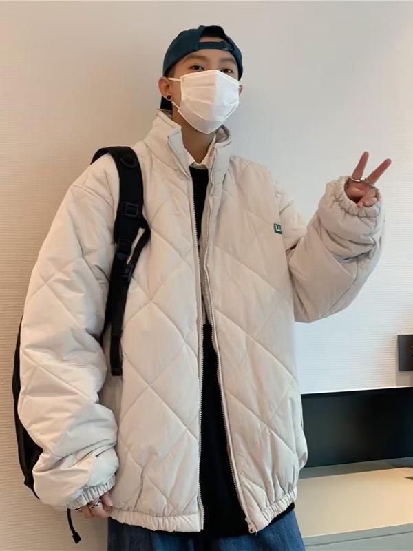 Men's Retro Diamond Lattice Cotton Padded Baseball Jacket - Trendy Stand Collar Winter Coat