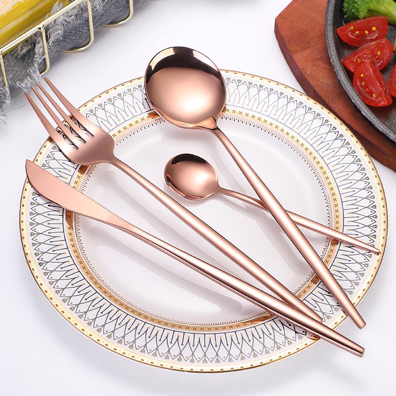 Portugal Gold Stainless Steel Cutlery Set: Four-Piece Knife, Fork, and Spoon Set for Steaks.