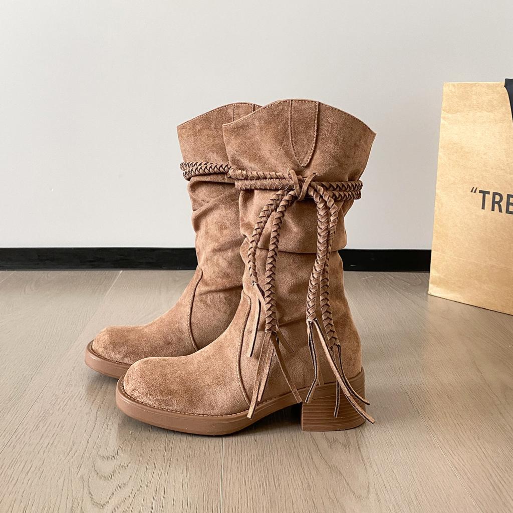 Tassel Hemp Rope Thick Heel Medium Boots Suede Platform Fashion Boots Women's 2025 Autumn New Retro Style Knight Boots