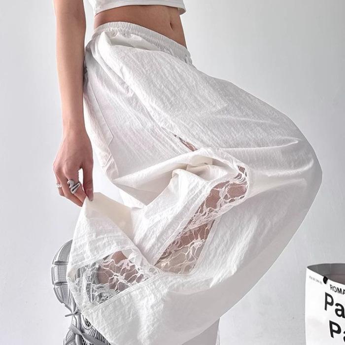 

Lace stitching overalls summer new thin women s hollow street dance pants white casual loose wide-leg trousers 4XL білий