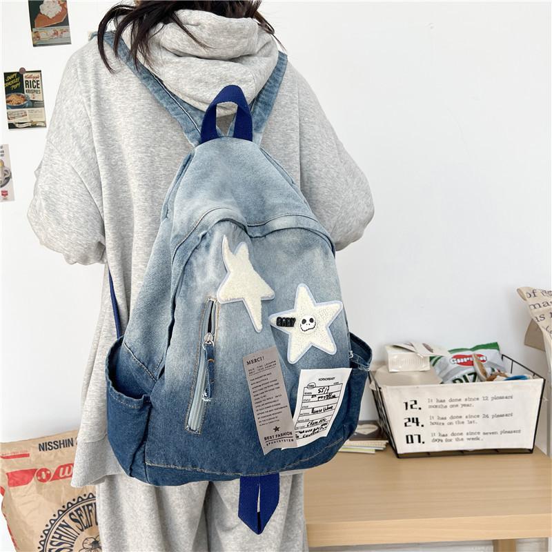 Sac à dos Original en Jean à Changement Graduel Étoilé pour Collégien Étudiant Universitaire Sac d'École Vintage Sac à Dos Polyvalent de Voyage