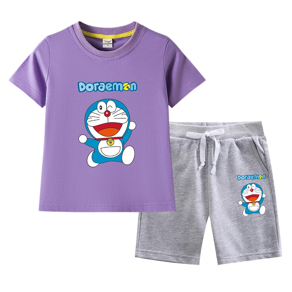 Doraemon Kids' Summer Set: Short-Sleeve T-shirt & Capris for Boys and Girls - Lightweight Casual Two-Piece.