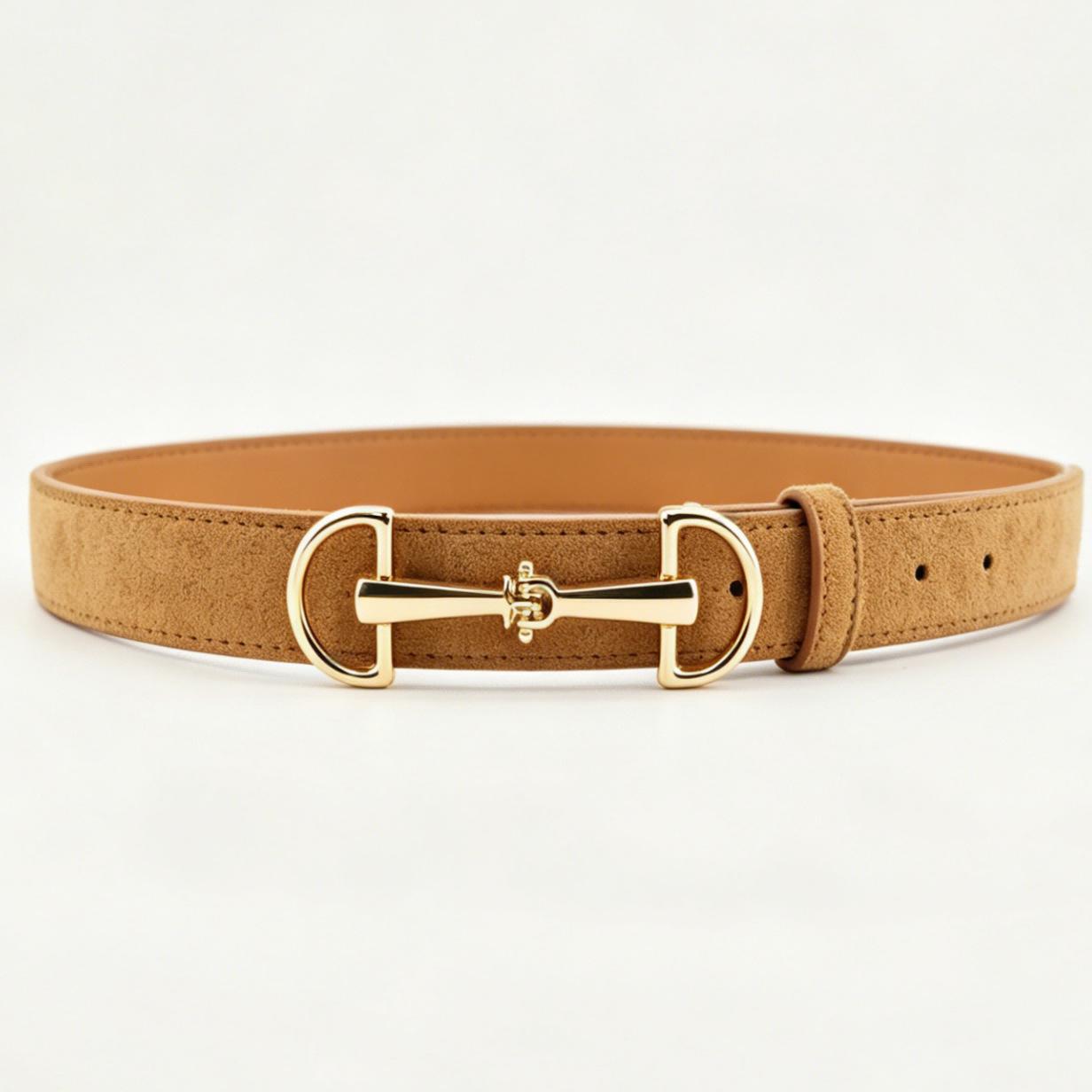 Retro Doppelring-Trensen-Schnalle Wildleder-Gürtel für Damen - Vielseitiges Taillenformer-Accessoire 110 cm kamelfarben