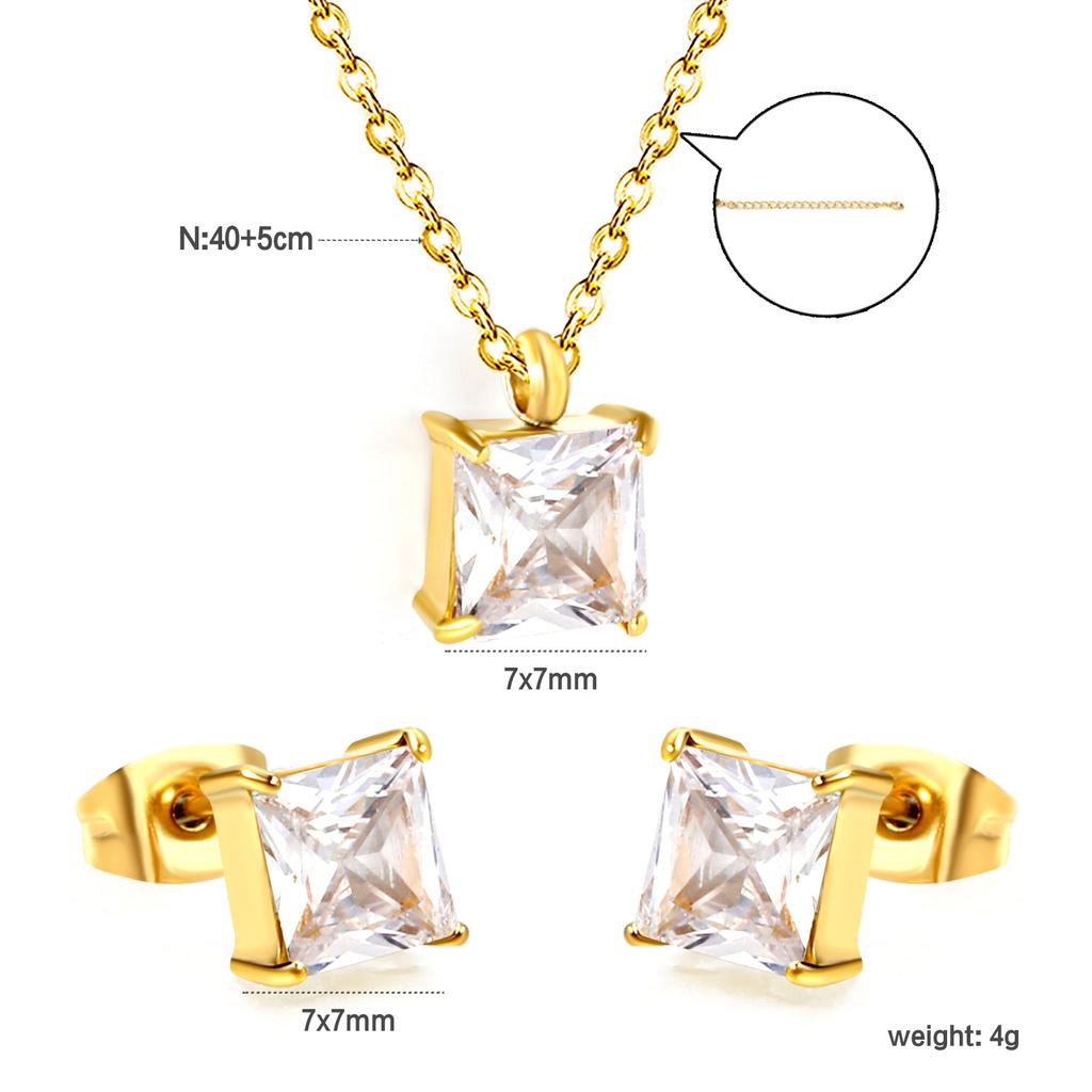 Square White Zircon Earrings And Necklace Set Classic Versatile Women's Jewelry Fade Resistant