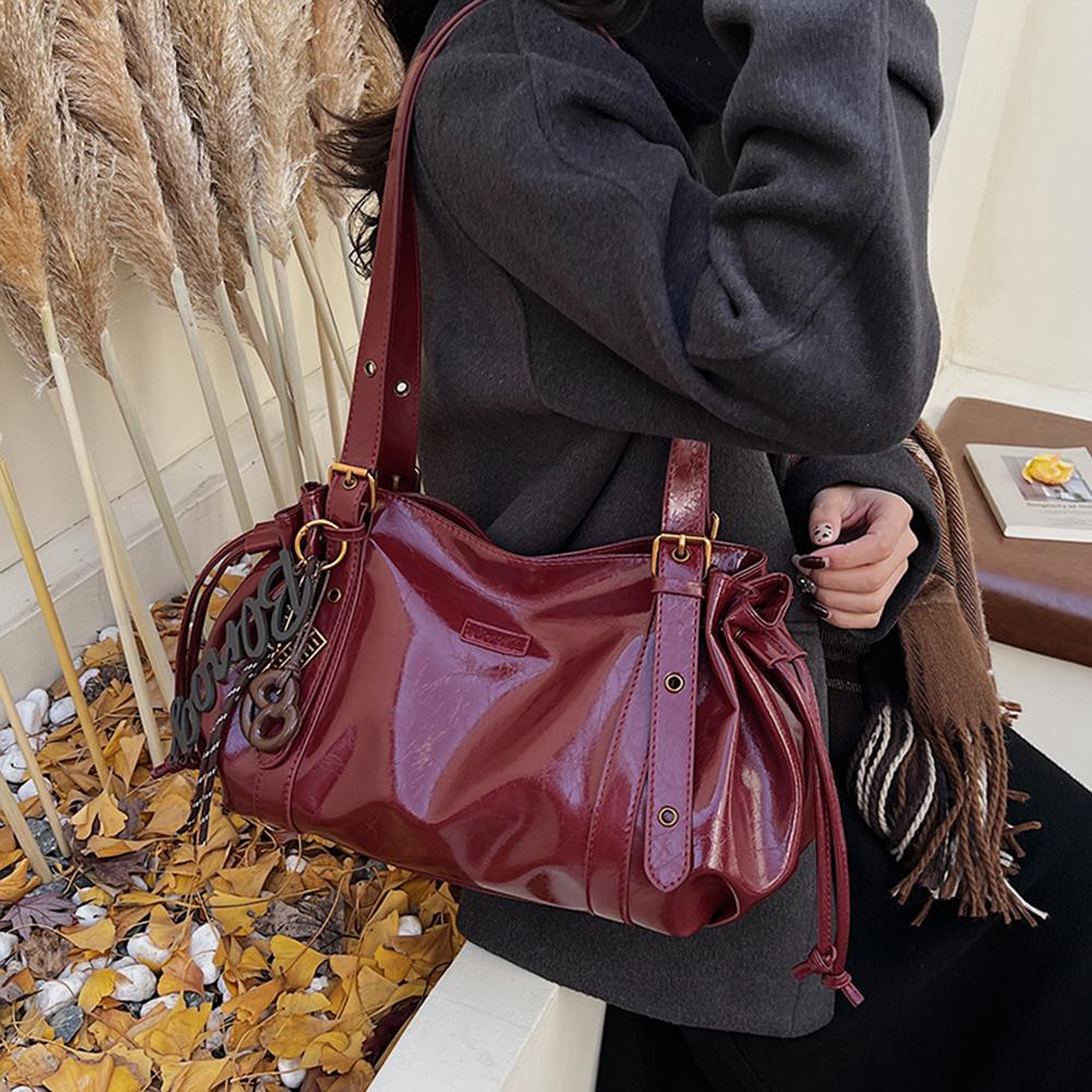 Glossy PU Leather Tote Bag Solid Color Big Charm Large Capacity Shoulder Purse Vintage Style Crossbody Bag for Women Daily Use