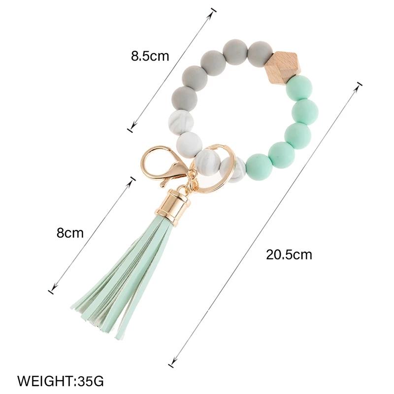 Stock Silicone Beads Elastic Bangle Bracelet Keychain Leather Tassel Silicone Beads Bracelet Wristlet Keychain for Women