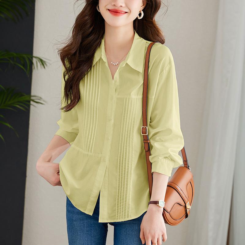 

Маленькая свежая плиссированная белая рубашка для женщин с длинным рукавом, весенний наряд, новый дизайн, нишевый, литературный, из чистого хлопка топ M