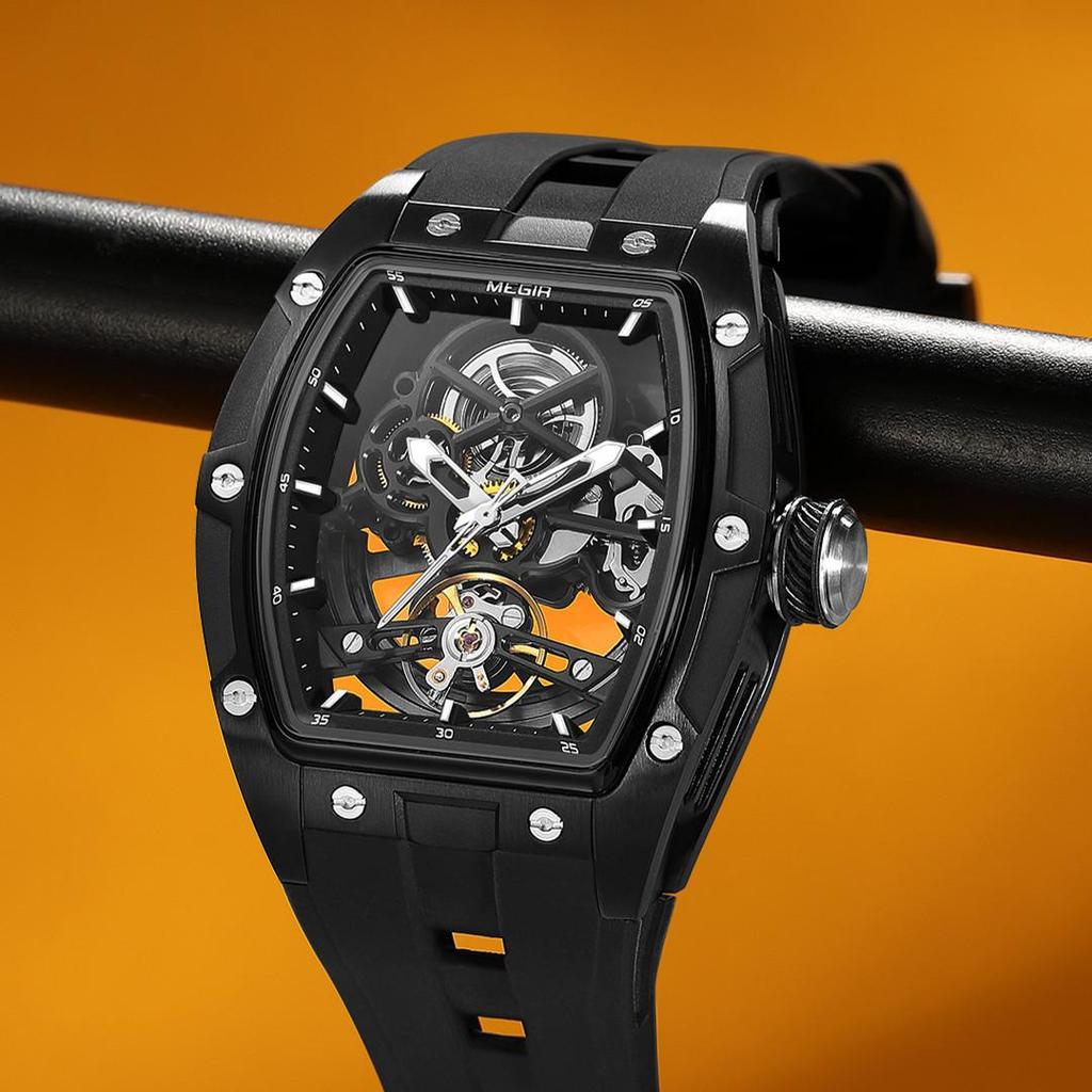Megir Luksusmerke Sportsklokke for menn Silikonreim Mekaniske klokker Hul Fullautomatisk urverk Selvlysende Armbåndsur Klokke 2242