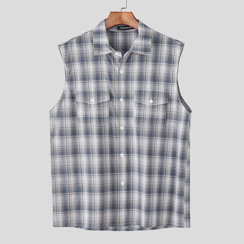 INCERUN Men Lapel Sleeveless Gradient Plaid Print Casual Shirts Tank Tops