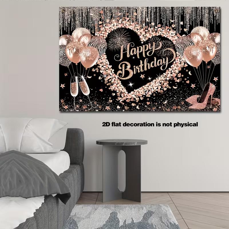 2D Printing Rose Gold Glitter Backdrop, Black Happy Birthday Party Decoration Background