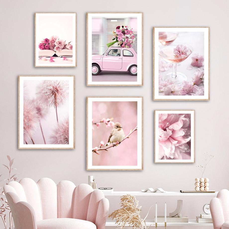 Spring Pink Rose Peony Sakura Dandelion Orchid Sparrow Car Garden Posters Flower Wall Art Canvas Painting Home Room Decor