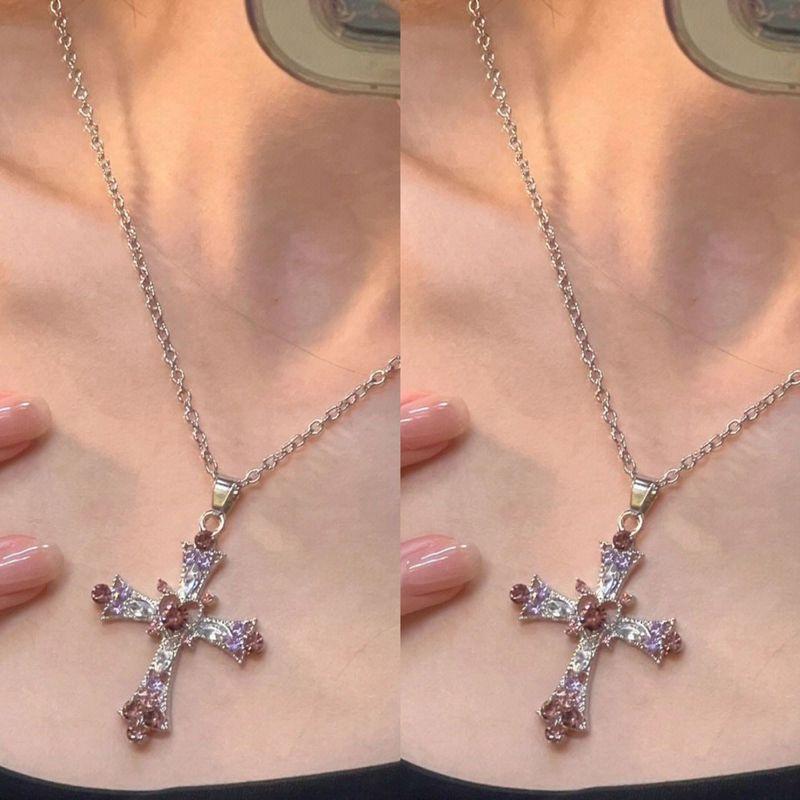 

Sexy Cross Necklace for Women Exquisite Rhinestone Gothic Fashion Style Y2g Pendant Design Sweet Cool Style Clavicle Chain for Women Pink Diamond Cross Necklace [Pack of Two]