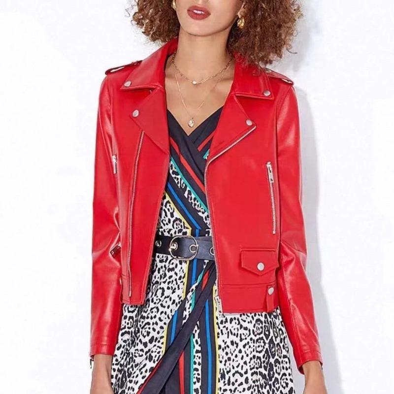 

2025 Женский плащ в корейском стиле для мотоциклистов, обычная свободная повседневная куртка из кожи S красный