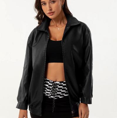 European and American Loose Leather Jacket Women's Jacket Long Sleeved Lapel Spring and Autumn Jacket