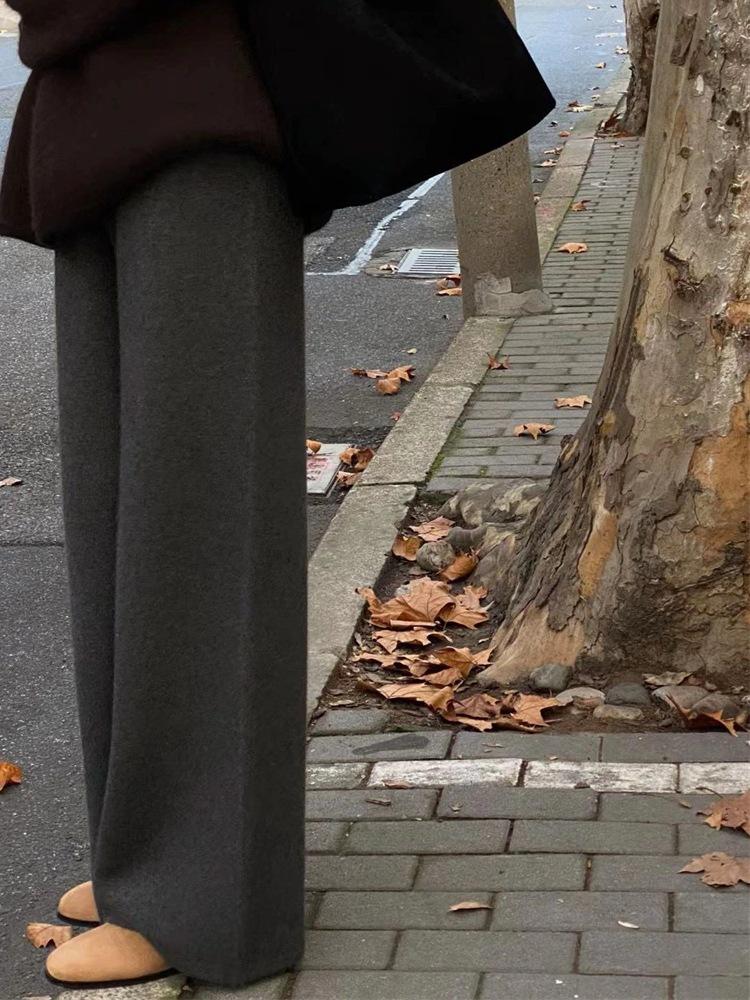 Women's Wool Wide-Leg Cashmere Pants - Soft Drapey Straight-Leg for Autumn and Winter