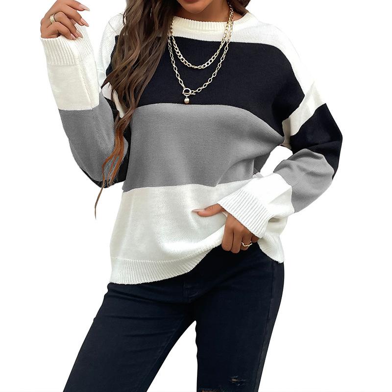 Women's Crew Neck Sweater, Striped for Fall and Winter