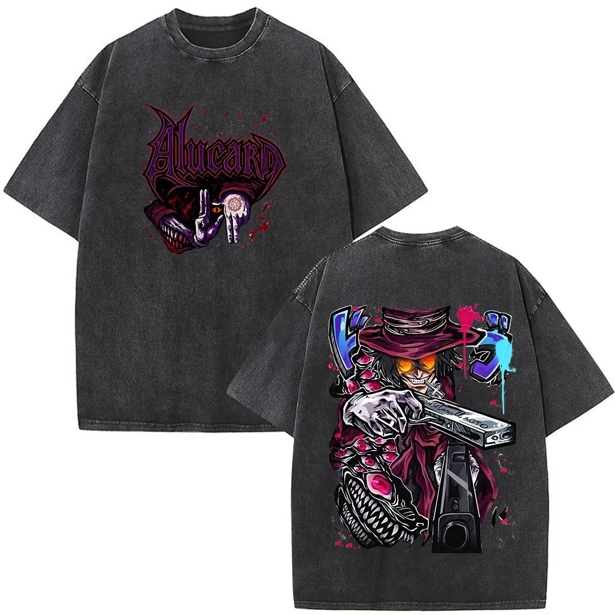 

2026 Vintage Washed Anime Hellsing Ultimate Alucard Eyes T-shirt Vampire Manga Horror T Shirt Mens Casual Cotton Oversized T-shirts XXXL