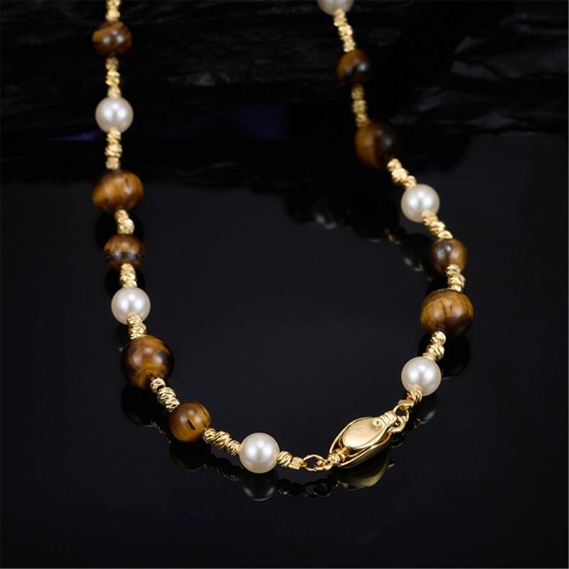 Natural Tigers Eye Stone And Pearls Beaded Necklace Handcrafted Sturdy Hand strung Beaded Necklace For Elegant Occasions
