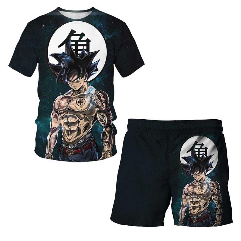 Maglietta con cartone animato giapponese Dragon Ball Z per bambini, maglietta e pantaloncini, set da due pezzi per ragazzi estivi, maglietta+pantaloncini, pantaloni da spiaggia 130cm