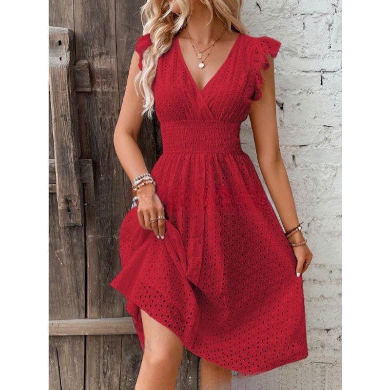

V-neck Sleeveless Waist Cinched Dress V Neck Sleeveless Solid Color Waist Tight Dress Burgundy M