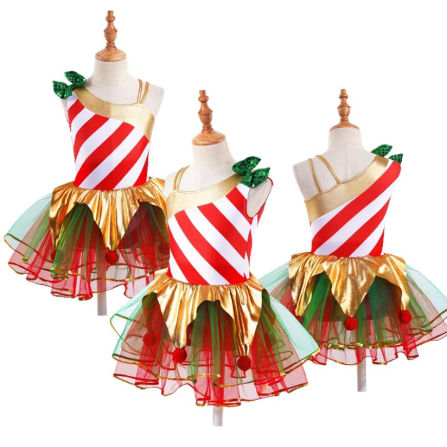 

Kids Little Girls Elf Christmas Dress Sequin Stripes Carnival Festival Santa Cosplay Costume Ballet Leotard Tutu Dress Dancewear 11-12 Years
