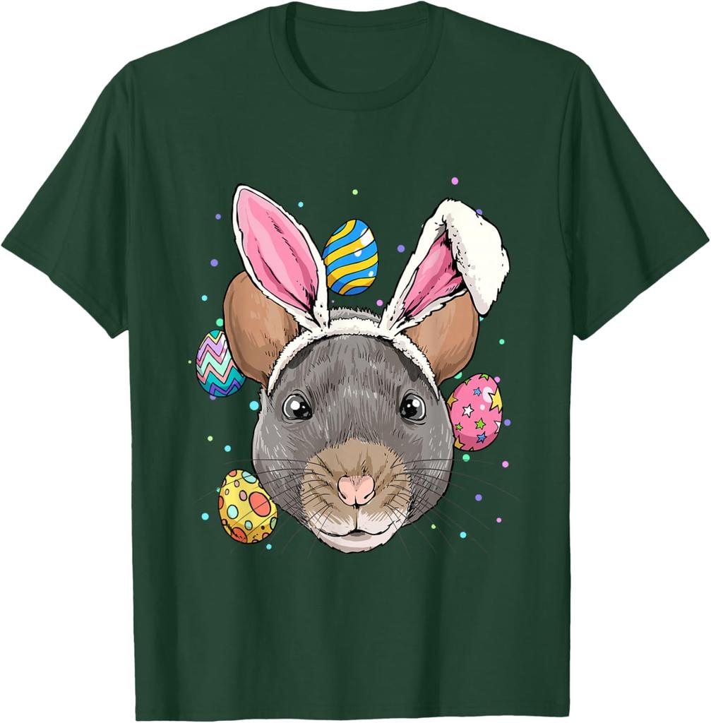 Rat Wearing Bunny Ears Easter Graphic Tee Funny Rodent Lover Casual T-Shirt