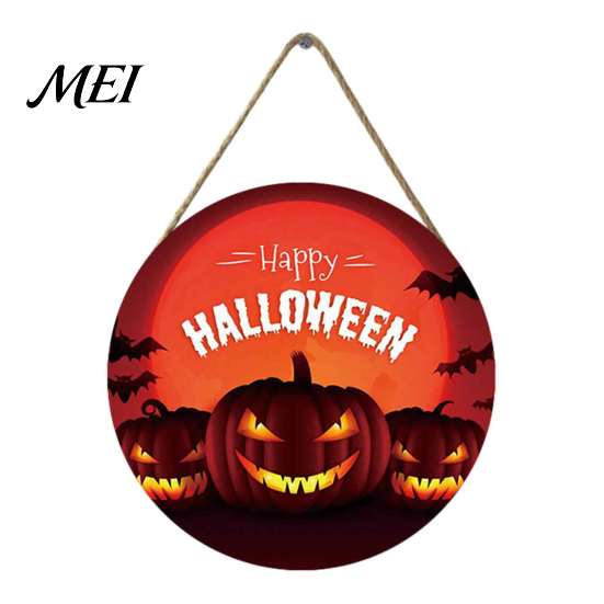 Decorative Round Hanging Sign Halloween Wall Pendant, with Pumpkin And Witch Silhouette, Wooden Retro Style Seasonal Door Ornament Sign, for