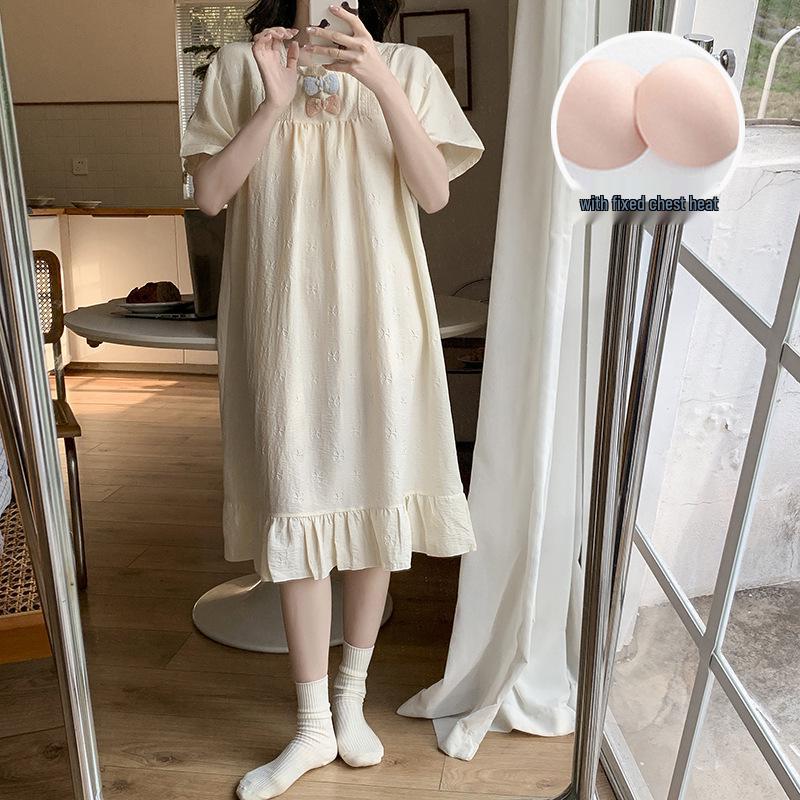 2026 Summer Women's Woven Cotton Nightgown with Bra Pads - Princess Style Short-Sleeve Long Dress