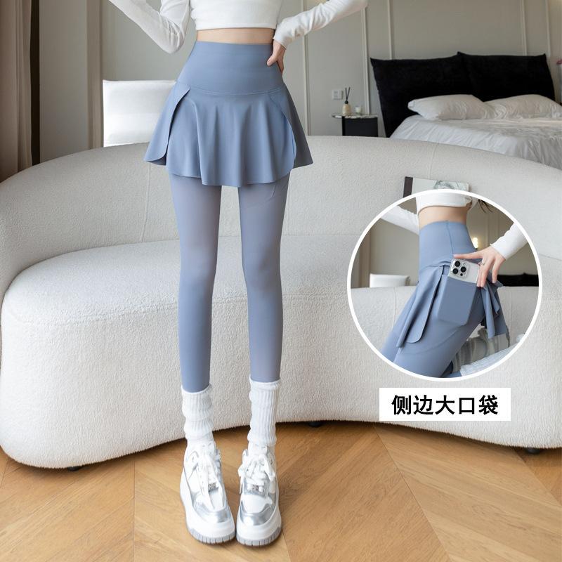 Women's Fake Two‑Piece Skirt Leggings Nine‑Point Yoga Pants High‑Elastic Pocket Large Size Base Layer Bottoms Sexy Street Style