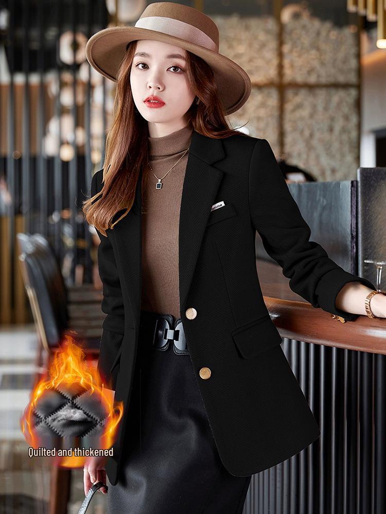 Women's Black Wool Suit Jacket - Autumn/Winter 2025, Petite Fit, Stylish Casual, Thick & Padded