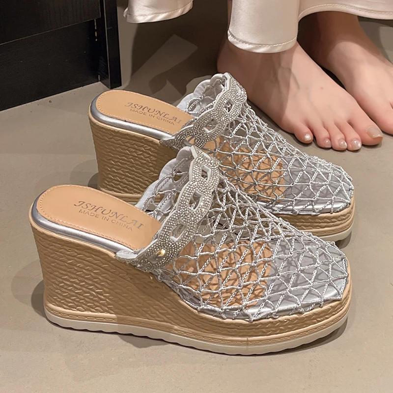 Fashion Women's Closed Toe Wedge Heel Sandals Fashion Hollow Mesh Thick Sole Slippers Woman Summer Shiny Crystal Chunky Platform Sandals