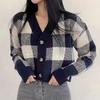 Contrasting color short plaid sweater jacket women's autumn and winter 1011 new Korean style chic temperament knitted cardigan top