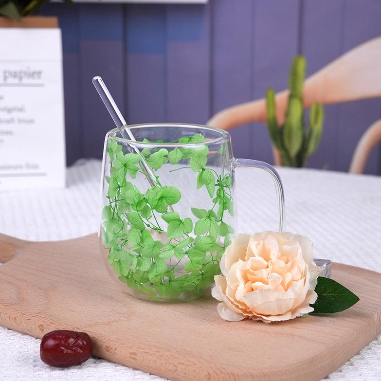 Luxury Double-Layer Glass Cup with Real Flowers and Quicksand Design