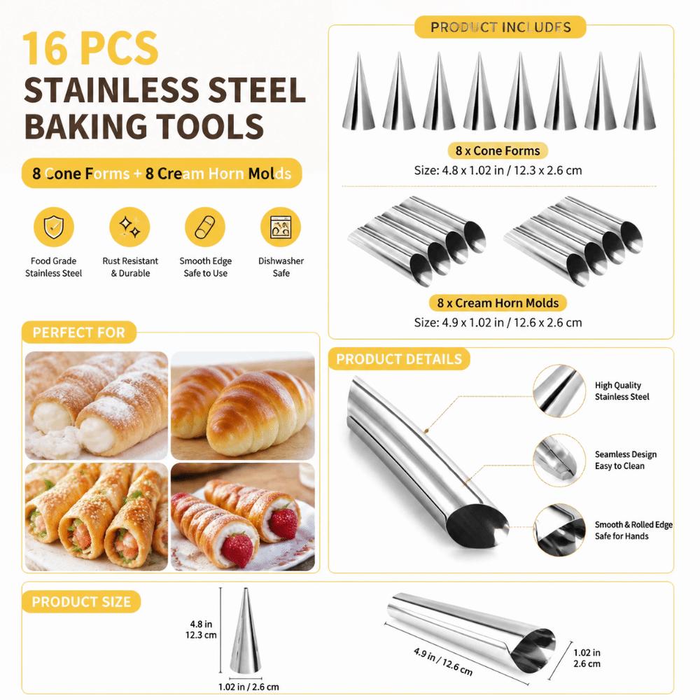 16pcs Spiral Cone Cream Horn Mold Non Stick Danish Pastry Tube Cookie Waffle