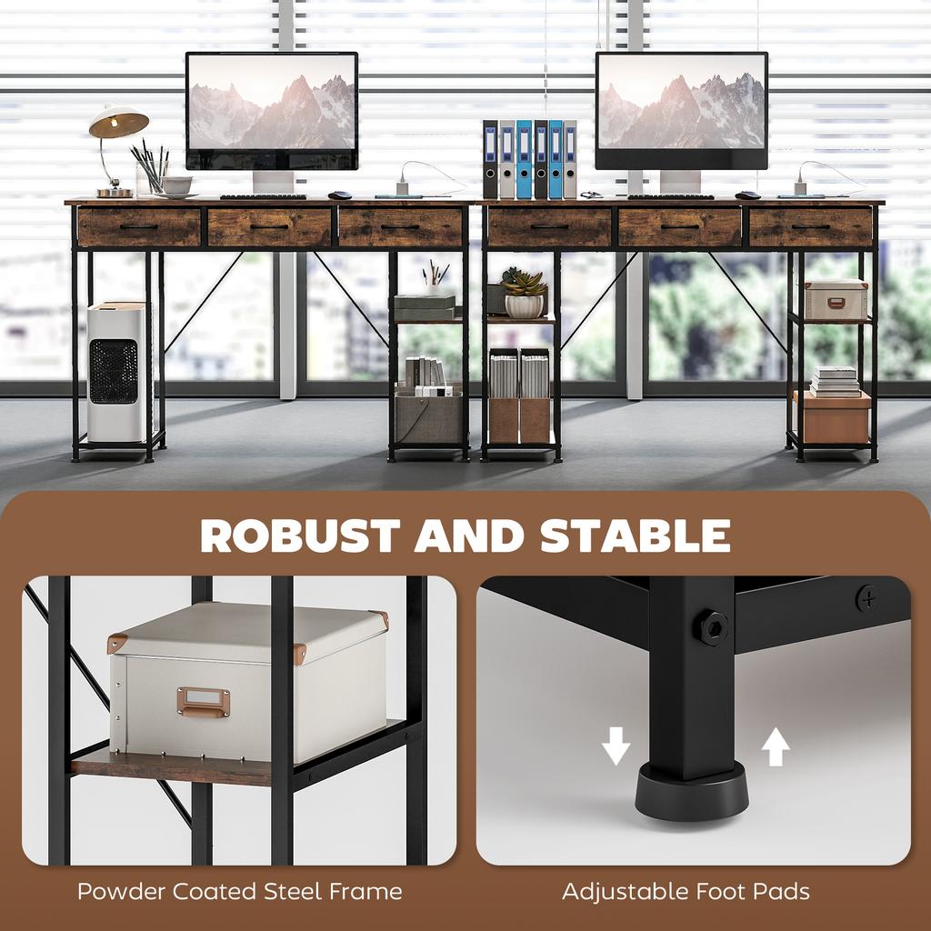 120cm Computer Desk with Power Outlets, Office Desk Study Table with Fabric Drawers and Storage Shelves, Rustic Brown