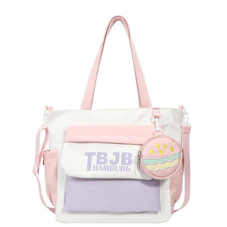 

Large Capacity Canvas Shoulder Bag Women s Contrast Color Crossbody Bag Student Schoolbag рожевий