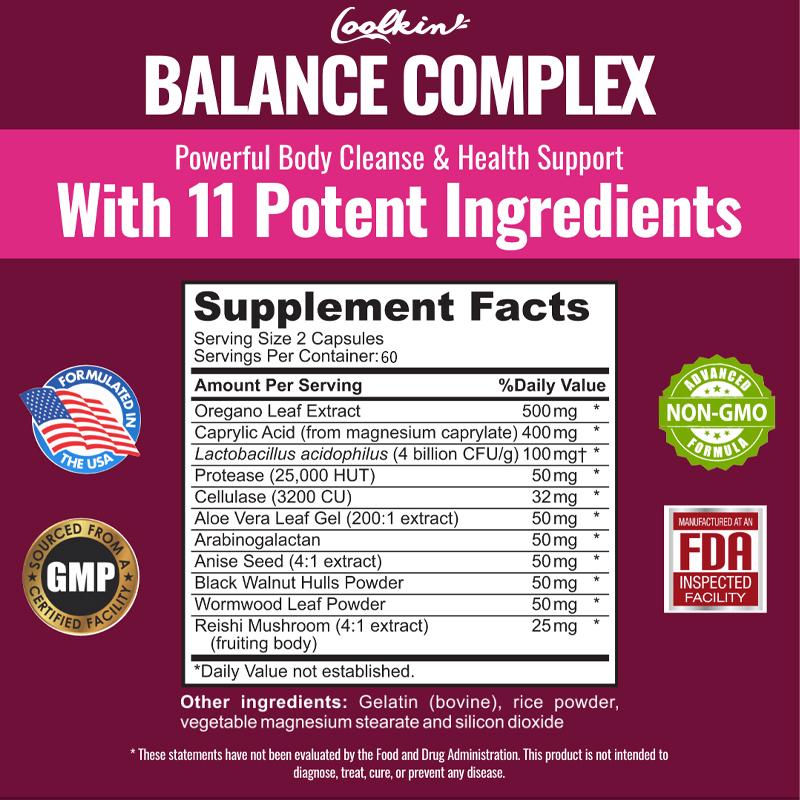 Balanced Complex Capsules, Containing Oregano, Black Walnut, Aloe Vera, Enzymes, and a Probiotic Blend, Suitable for Adults.