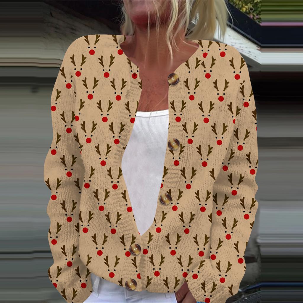 Women's Casual Long Sleeve Woolen Christmas Knitted Cardigan Button Down Jacket