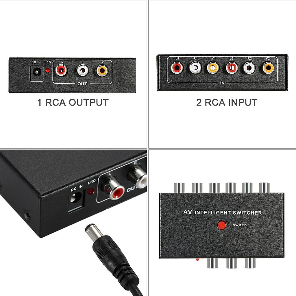 Portable AV Intelligent Switcher 2 to 1 Channel RCA Audio Video Switcher with Button Control Support Auto   Manual