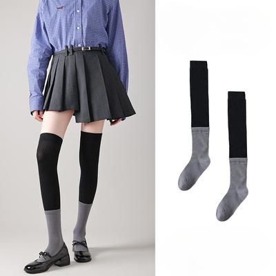 Graue Große Farbkontrast, College-Wind-Frotteesocken mit doppeltem Umschlag, Damen-Overknee-Socken, Lange Socken, Hohe Socken, Stiefelsocken, Rote Socken