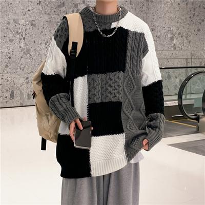 Kontrastfarbiger Rundhals-Pullover für Herren im Herbst- und Winter-Neustil, lässiger Stil, vielseitiger Freizeitpullover, trendiger Unterzieh-Pullover