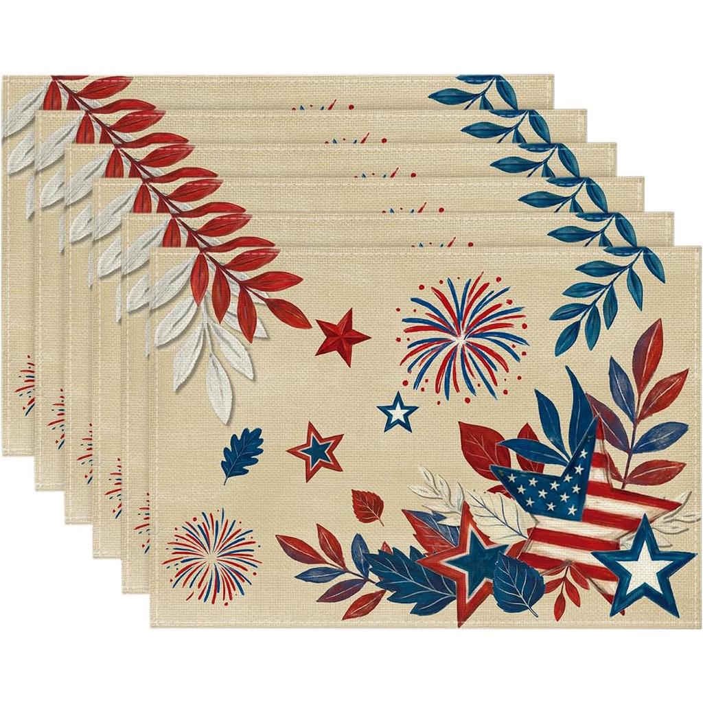 Of 4 Or 6 Placemats Featuring American Flag Stars And Leaves, Perfect for 4Th of July And Memorial Day Celebrations, Ideal for Decorating Your Kitchen
