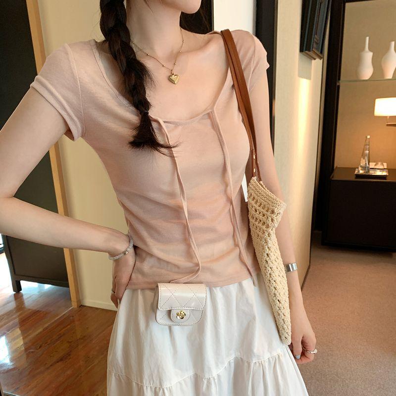 Kumikumi Design Lace-up Hollow Temperament Short sleeve T-shirt Women Summer Thin Slimming Solid Versatile Top